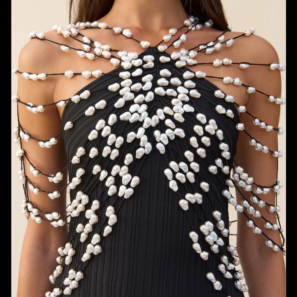 Cult Gaia Cecelia knit Black Strapless Dress with Pearl Accents - Picture 3 of 3
